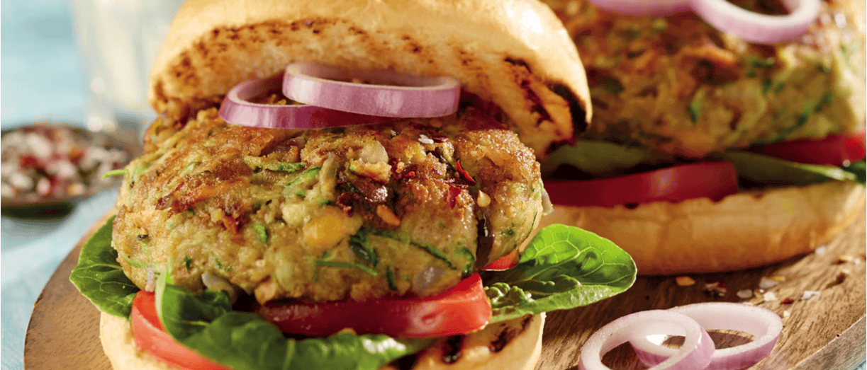 Courgette burger in a burger bun.