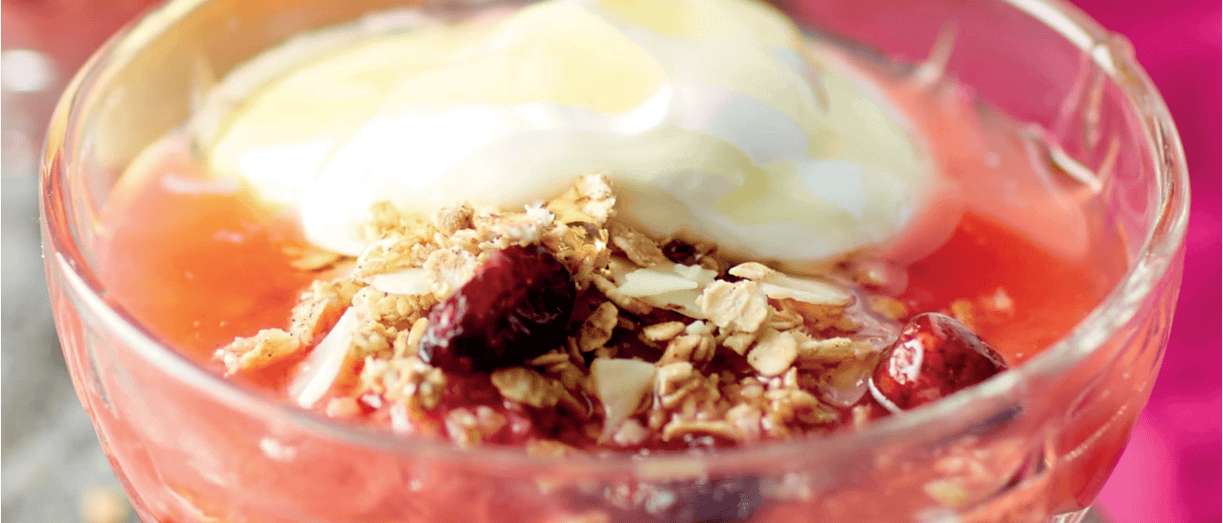 Poached rhubarb, granola and yoghurt.